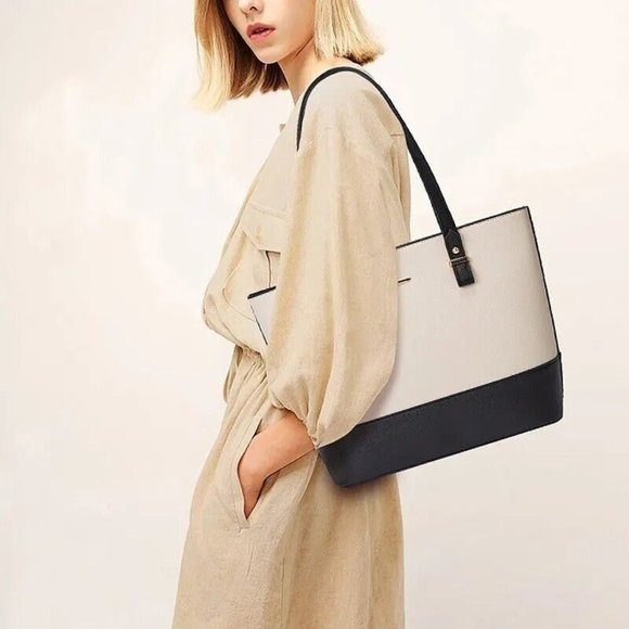 Fashionable Tote Handbag Crossbody & Utility 3 In 1 Set Black Cream W/Free Gift - Picture 2 of 10